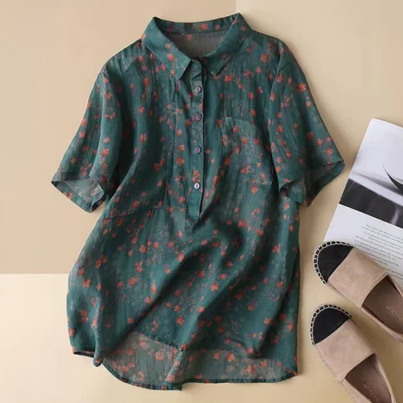 Maribel – Blusa de camisa floral con media tapeta de botones