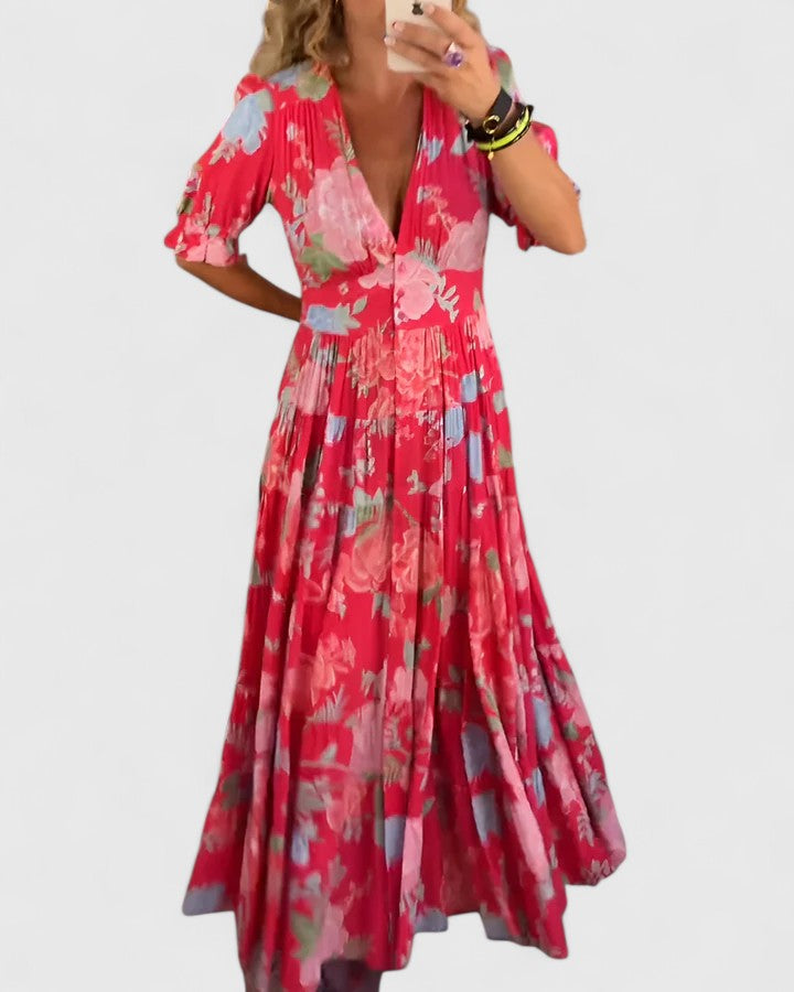 Minelda | Vestido Elegante Floral con Cuello en V