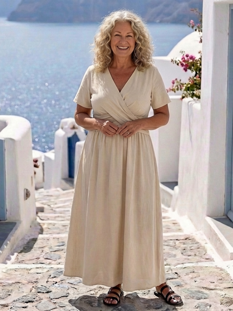 Alvara | Vestido Midi con Escote de Pico, Manga Corta y Cinturón Cruzado