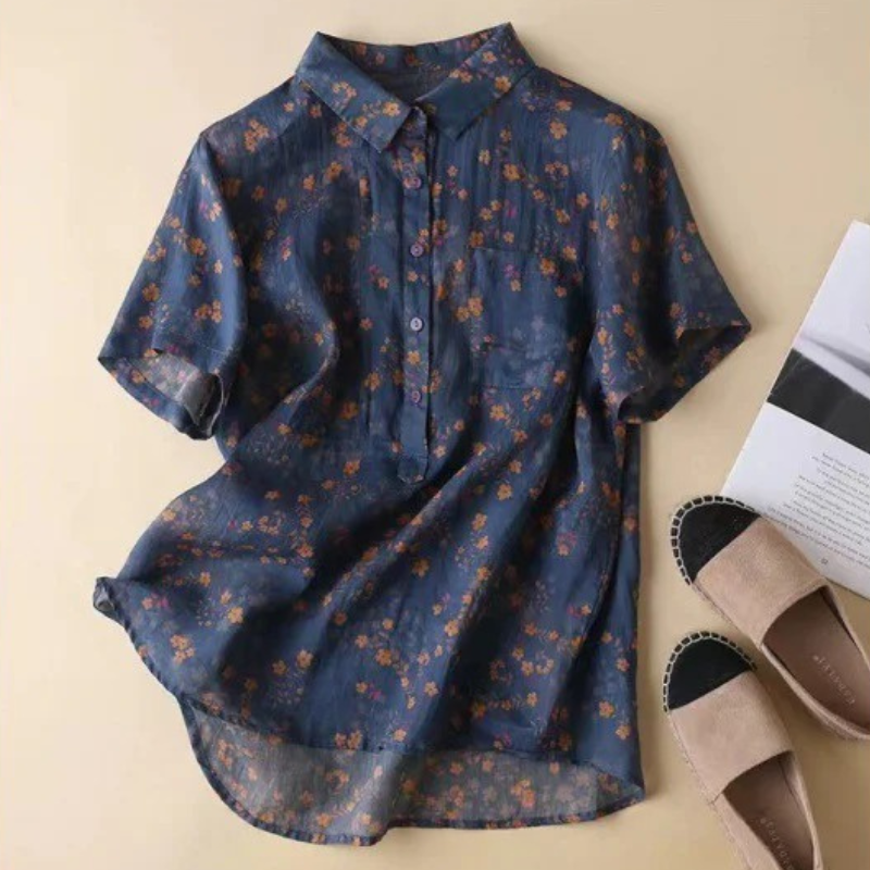 Maribel – Blusa de camisa floral con media tapeta de botones
