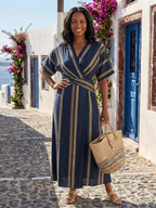 Saphira | Vestido Midi Cruzado Estampado a Rayas con Cuello en V y Manga Corta
