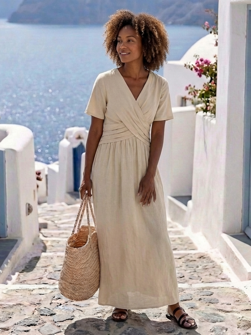 Alvara | Vestido Midi con Escote de Pico, Manga Corta y Cinturón Cruzado