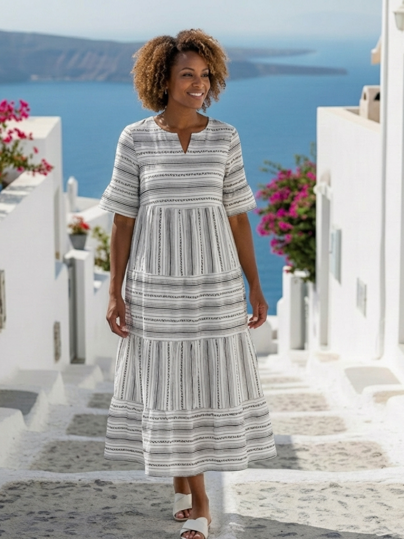 Parisa | Vestido Midi con Rayas y Volantes de Manga Corta