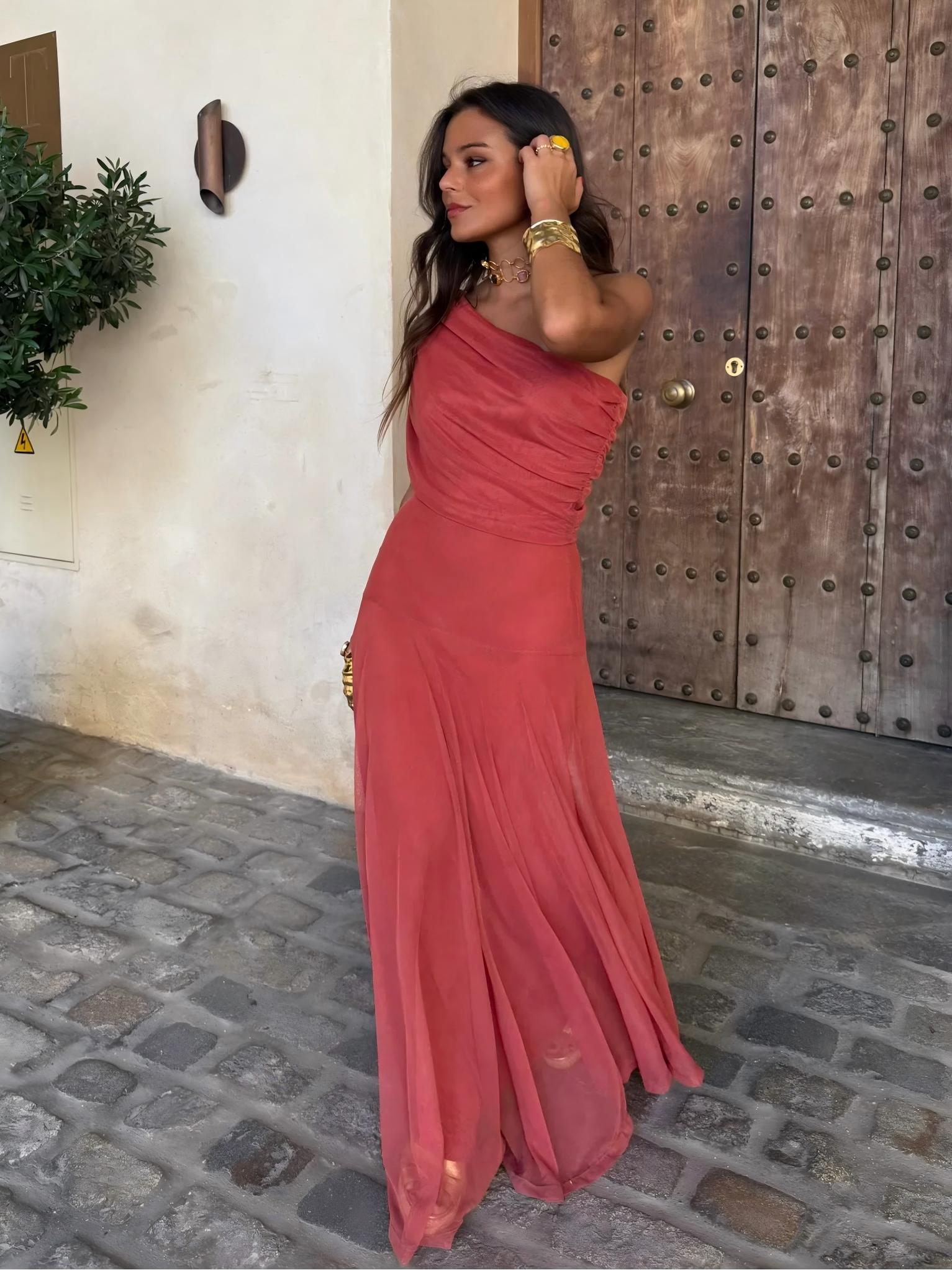 INÉS™ | ASYMMETRIC MESH MAXI DRESS
