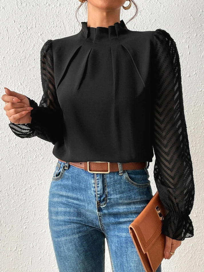 Tegan – Pleated Blouse with Sheer Sleeves