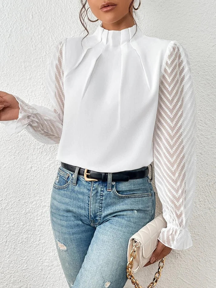 Tegan – Pleated Blouse with Sheer Sleeves