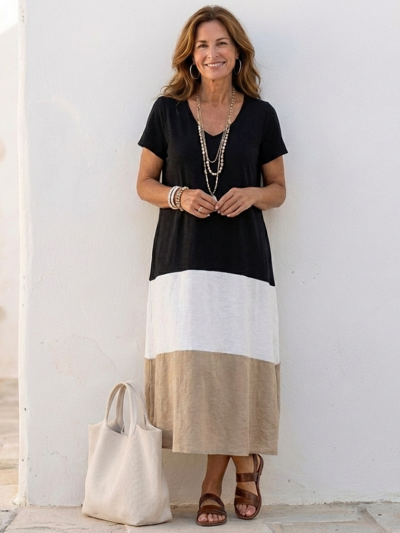 Thalia | Vestido midi de manga corta con bloques de color y cuello de pico