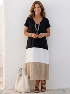 Thalia | Vestido midi de manga corta con bloques de color y cuello de pico