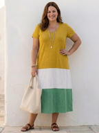 Thalia | Vestido midi de manga corta con bloques de color y cuello de pico