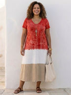 Thalia | Vestido midi de manga corta con bloques de color y cuello de pico