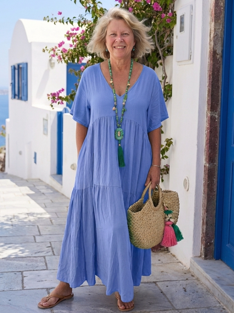 Zinnia | Vestido largo escalonado azul de manga corta