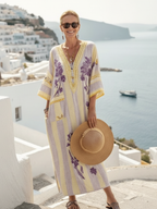 Aurelia | Vestido maxi a rayas con estampado floral y cuello de pico de media manga