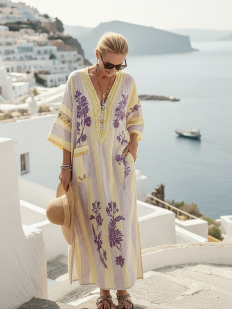 Aurelia | Vestido maxi a rayas con estampado floral y cuello de pico de media manga