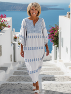 Evadne | Vestido Maxi Bordado con Escote en V y Manga Larga