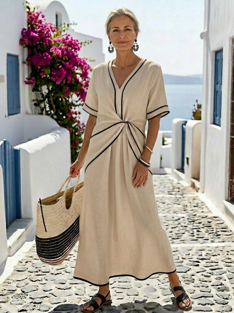 Linnea | Vestido midi de manga corta con cuello en V y cintura fruncida