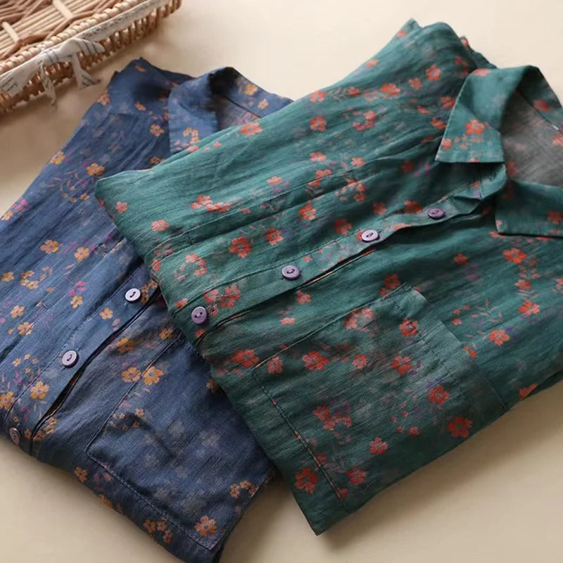 Maribel – Blusa de camisa floral con media tapeta de botones