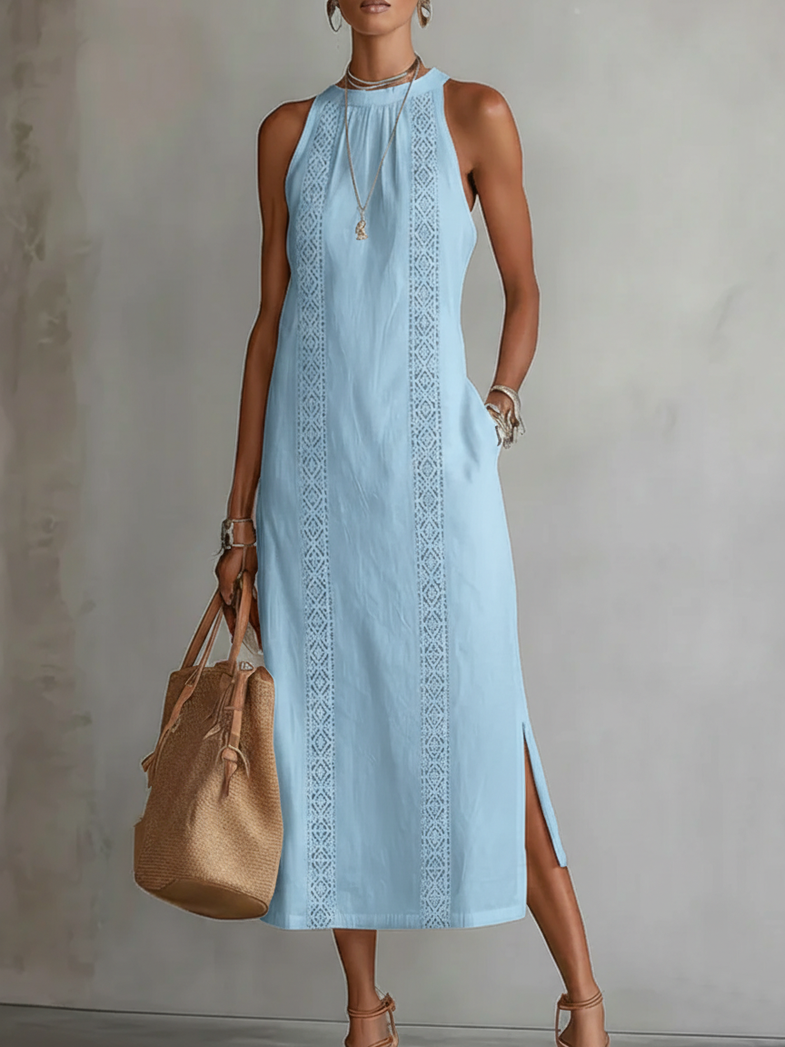 VEGA™ | VESTIDO MIDI DE LINO CON CUELLO MAO
