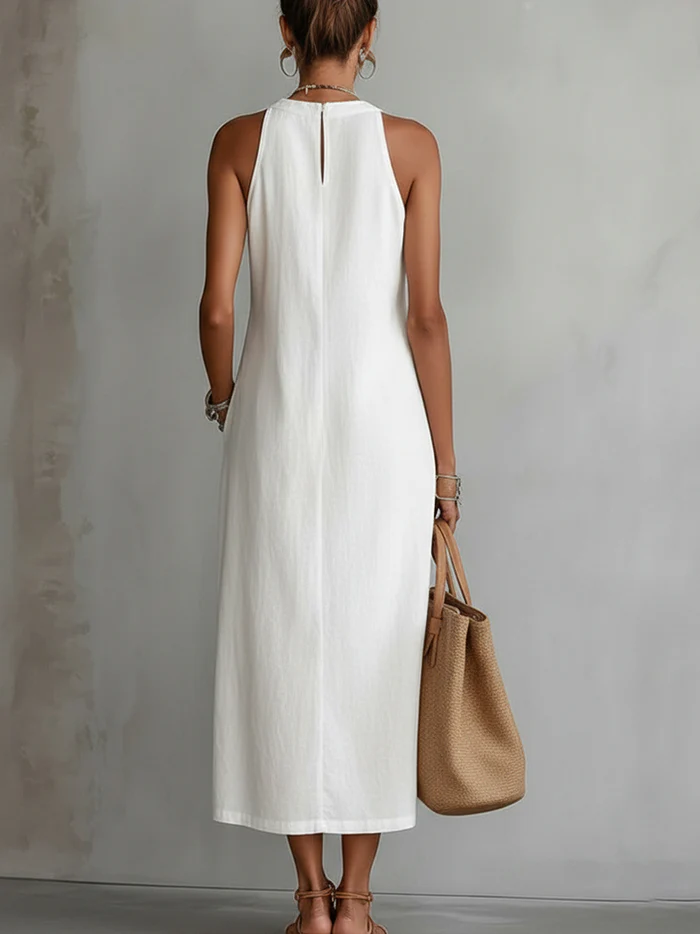 VEGA™ | VESTIDO MIDI DE LINO CON CUELLO MAO