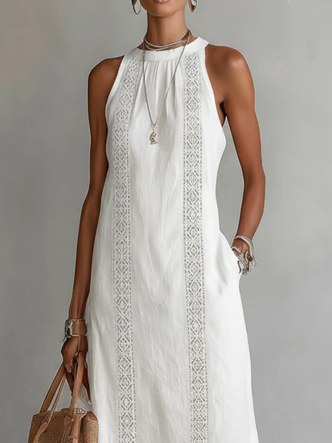 VEGA™ | VESTIDO MIDI DE LINO CON CUELLO MAO