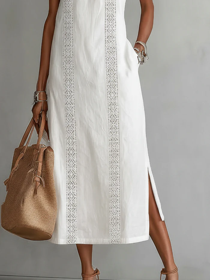 VEGA™ | VESTIDO MIDI DE LINO CON CUELLO MAO