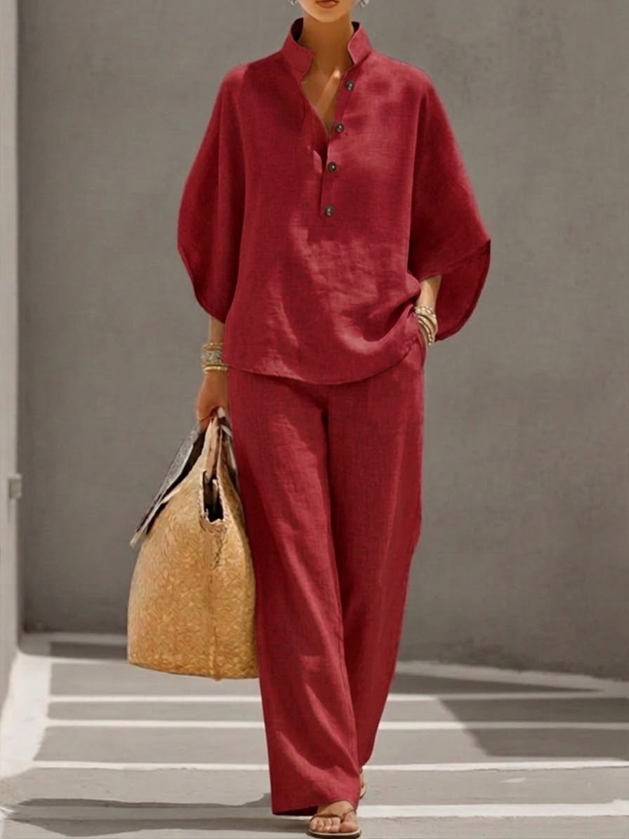 Amelle| Conjunto de lino con mangas murciélago y pantalones anchos