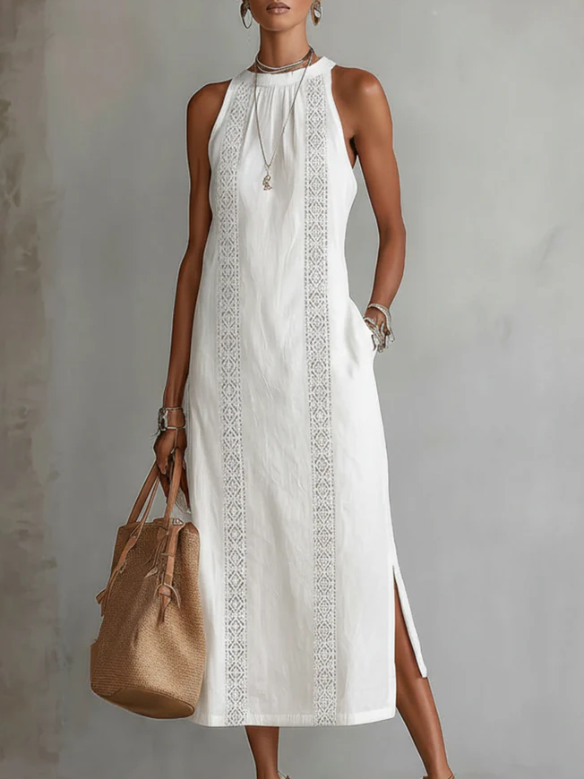 VEGA™ | VESTIDO MIDI DE LINO CON CUELLO MAO