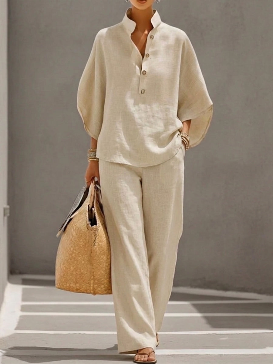 Amelle| Conjunto de lino con mangas murciélago y pantalones anchos