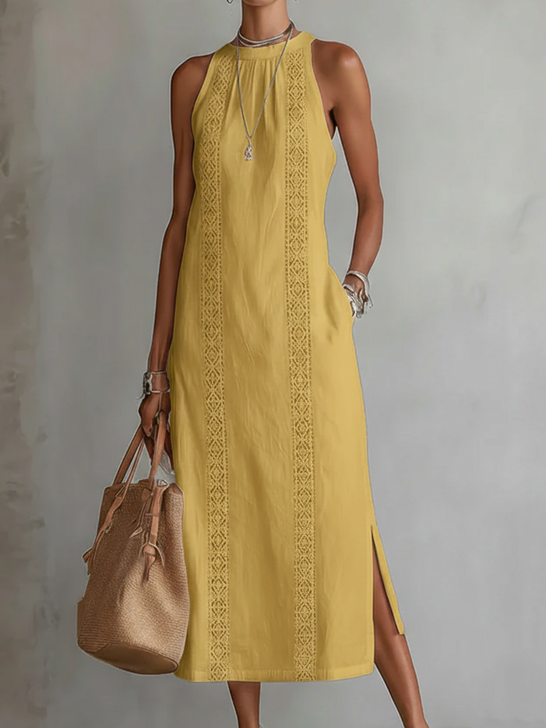 VEGA™ | VESTIDO MIDI DE LINO CON CUELLO MAO