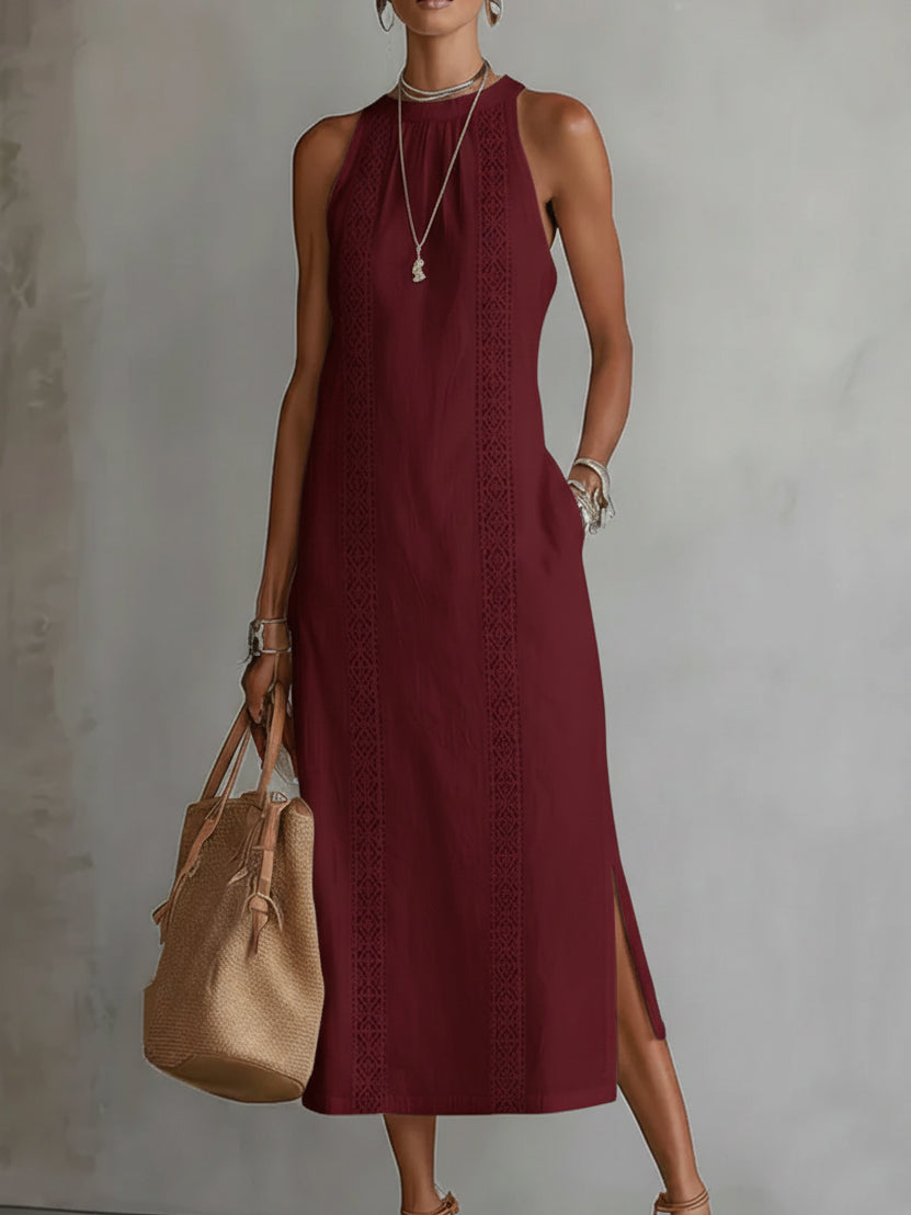 VEGA™ | VESTIDO MIDI DE LINO CON CUELLO MAO