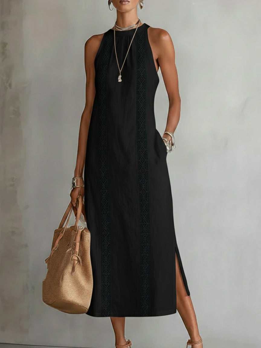 VEGA™ | VESTIDO MIDI DE LINO CON CUELLO MAO